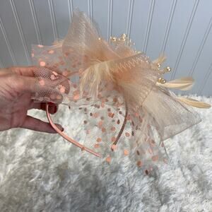Pale Peach Polka Dot Netting Mesh Feather Bow Flower Pearls